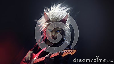 Hard rock metal cat with unruly long fur hair playing electric guitar at concert- generative AI Cartoon Illustration