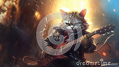 Hard rock metal cat with unruly long fur hair playing electric guitar at concert- generative AI Cartoon Illustration