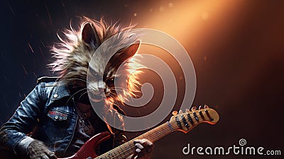 Hard rock metal guitarist cat playing an electric guitar on concert stage - generative AI Cartoon Illustration