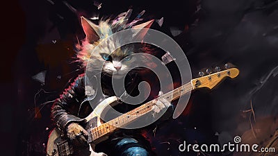 Hard rock metal cat with unruly long fur hair playing electric guitar at concert- generative AI Cartoon Illustration