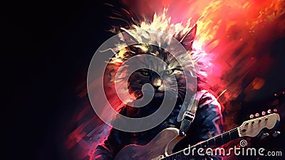 Hard rock metal cat with unruly long fur hair playing electric guitar at concert- generative AI Cartoon Illustration