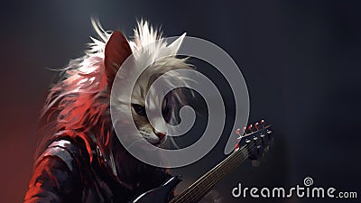 Hard rock metal cat with unruly long fur hair playing electric guitar at concert- generative AI Cartoon Illustration