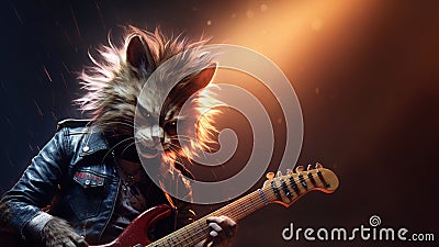 Hard rock metal cat with unruly long fur hair playing electric guitar at concert- generative AI Cartoon Illustration