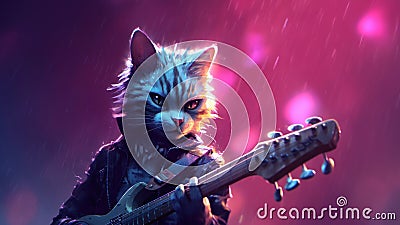 Hard rock metal cat with unruly long fur hair playing electric guitar at concert- generative AI Cartoon Illustration