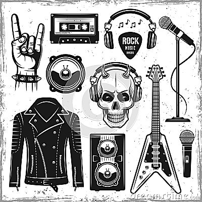 Hard rock and metal music attributes elements Vector Illustration