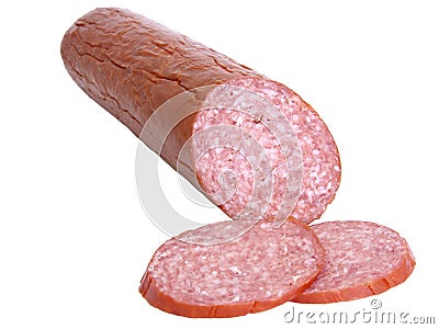 Hard salami and slices, isolated Stock Photo