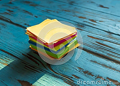 hard shadows. daylight. wooden background in retro style. multi-colored sheets for writing in the office. shadow, close-up Stock Photo