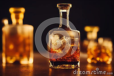 Glass with ice cubes on the rocks and gold bottle liquor. Hard strong alcoholic drinks and distillates. Generative AI Stock Photo