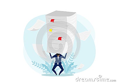 Hard work concept,Businessman In Suit Bent Over Carrying A Stack Of Documents On His Back Vector Vector Illustration