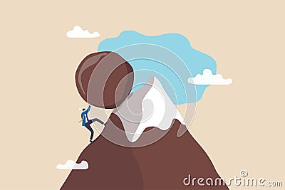 Hard work like pushing boulder uphill, burden or obstacle, business difficulty, struggle, challenge to success, motivation or Vector Illustration