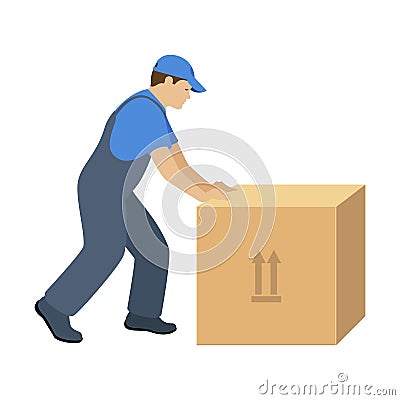 Hard worker pushes a big box. Service moving. Vector illustration isolated on white background Vector Illustration