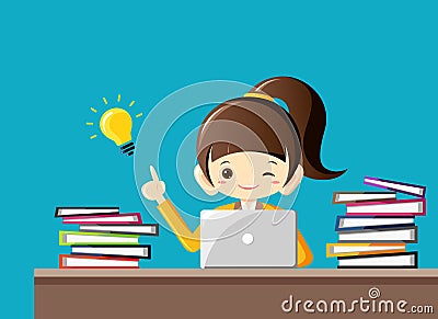 Hard working businesswoman gets an idea with light bulb at office desk with a lot of work.Business Concept Vector Illustration