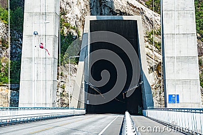 Hardanger Bridge. Hardangerbrua connecting two sides of Hardangerfjorden. Stock Photo