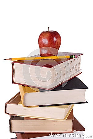 Hardbound Book Stack with Apple and Pencil Stock Photo