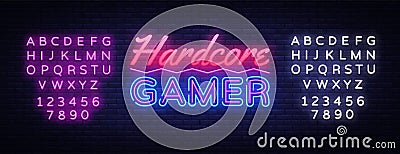 Hardcore Gamer Neon Text Vector. Gaming neon sign, design template, modern trend design, night signboard, night bright Vector Illustration