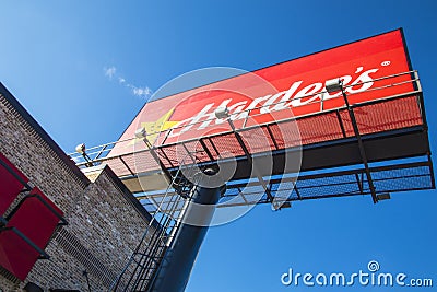 Hardees Fast Food Restaurant billboard sign Editorial Stock Photo