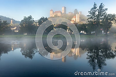 Hardegg medieval castle on a fortified hill upon Thaya river during summer or autumn time. Misty big ruins in the Thayatal Valley. Stock Photo