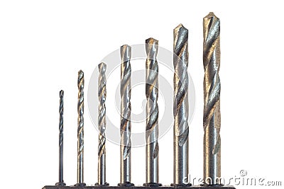 Hardened steel Drill bits set of different sizes isolated on a white background Stock Photo