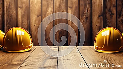 Hardhats on a wooden table. Copy space background. Stock Photo