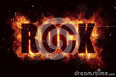 Hardrock rock music text on fire flames explosion Stock Photo