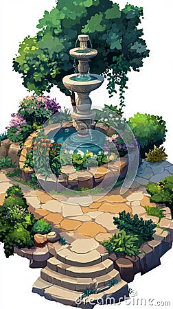 Hardscape Plaza Axonometric View for Urban Design and Architecture Generative AI Cartoon Illustration