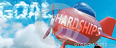Hardships helps achieve a goal - pictured as word Hardships in clouds, to symbolize that Hardships can help achieving goal in life Cartoon Illustration