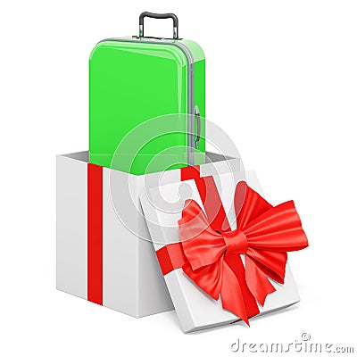 Hardside Luggage with Spinner Wheels and Telescoping Handle inside gift box, present concept. 3D rendering Stock Photo