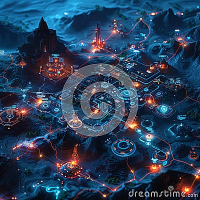 hardware chip isolated on black background electrical circuit board rendering abstract computer, neon-infused digitalism Stock Photo