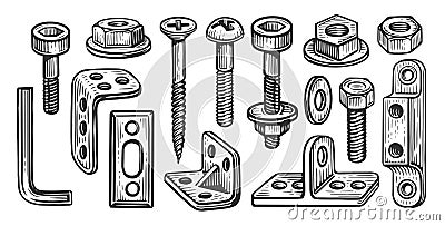 Hardware collection vector. Set of steel bolts and nuts, screw, dowel, metal anchor bolt, construction lock washer Vector Illustration