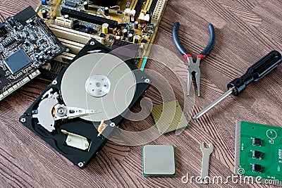 Hardware computer engineering brings computer cpu processor memory socket processor and maintenance tool.Technology and Stock Photo