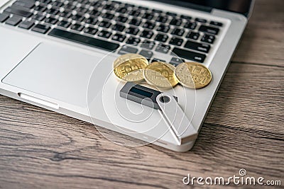 Hardware cryptocurrency wallet with golden Bitcoin BTC on computer. Safe storage for crypto Stock Photo