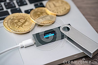 Hardware cryptocurrency wallet with golden Bitcoin BTC on computer. Safe storage for crypto Stock Photo