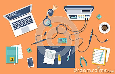 Hardware development process- vector illustration. Engineer workplace with computer, pcb, oscilloscope - top view. Flat Vector Illustration