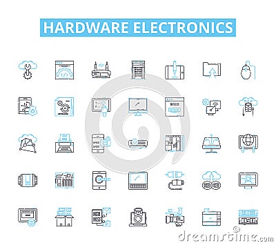 hardware electronics linear icons set. Circuitry, Microcontroller, Capacitor, Transistor, Diode, Resistors Vector Illustration