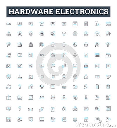 hardware electronics vector line icons set. Hardware, Electronics, Components, Computers, Processors, Motherboards, GPUs Vector Illustration