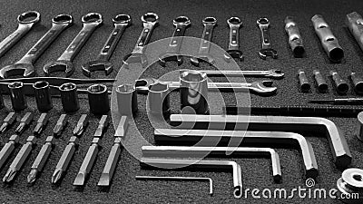 Hardware equipment. Set of variety mechanical tools angle shot Stock Photo