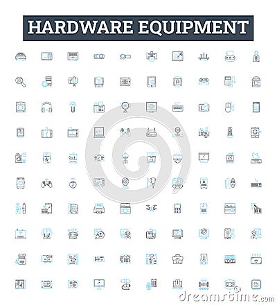 Hardware equipment vector line icons set. Mechanical, Electrical, Components, Tools, Networking, Wiring, Fittings Vector Illustration