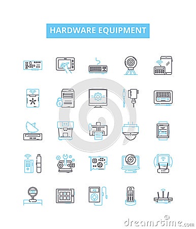 Hardware equipment vector line icons set. Mechanical, Electrical, Components, Tools, Networking, Wiring, Fittings Vector Illustration