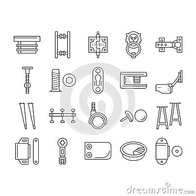 hardware furniture detail fitting icons set vector Vector Illustration