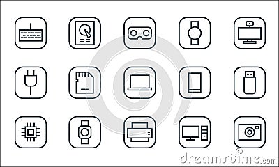 Hardware and gadgets line icons. linear set. quality vector line set such as camera, printer, cpu, desktop computer, smart watch, Vector Illustration
