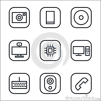 Hardware and gadgets line icons. linear set. quality vector line set such as telephone, webcam, computer keyboard, desktop Vector Illustration