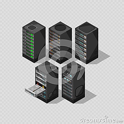 Hardware isometric equipment. 3d telecommunication server isolated Vector Illustration