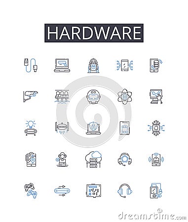 Hardware line icons collection. Tools, Equipment, Devices, Compnts, Instruments, Machinery, Apparatus vector and linear Vector Illustration