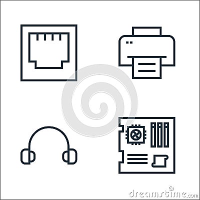Hardware line icons. linear set. quality vector line set such as mainboard, headset, printer Vector Illustration