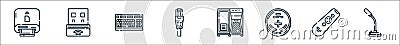 hardware line icons. linear set. quality vector line set such as microphone, remote control, cmos, pc, network cable, keyboard, Vector Illustration