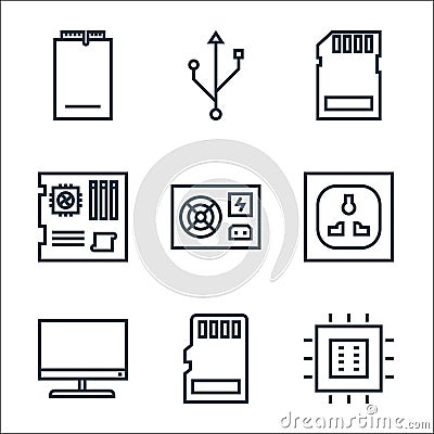 Hardware line icons. linear set. quality vector line set such as processor, monitor, electric socket, power supply, mainboard, usb Vector Illustration