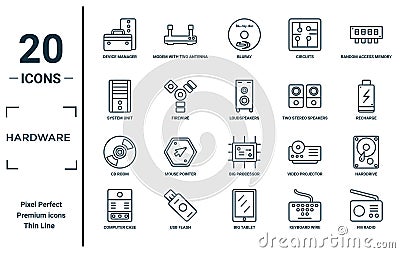 hardware linear icon set. includes thin line device manager, system unit, cd room, computer case, fm radio, loudspeakers, Vector Illustration