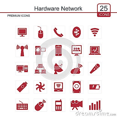 Hardware network icons set red Vector Illustration