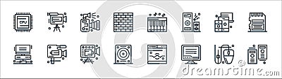 hardware network line icons. linear set. quality vector line set such as cpu tower, computer screen, hard disk, desktop computer, Vector Illustration