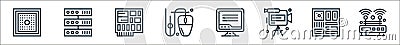 hardware network line icons. linear set. quality vector line set such as router, motherboard, video camera, computer screen, mouse Vector Illustration